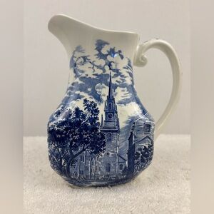 Vintage Liberty Blue Staffordshire Water Pitcher Featuring “Old North Church”